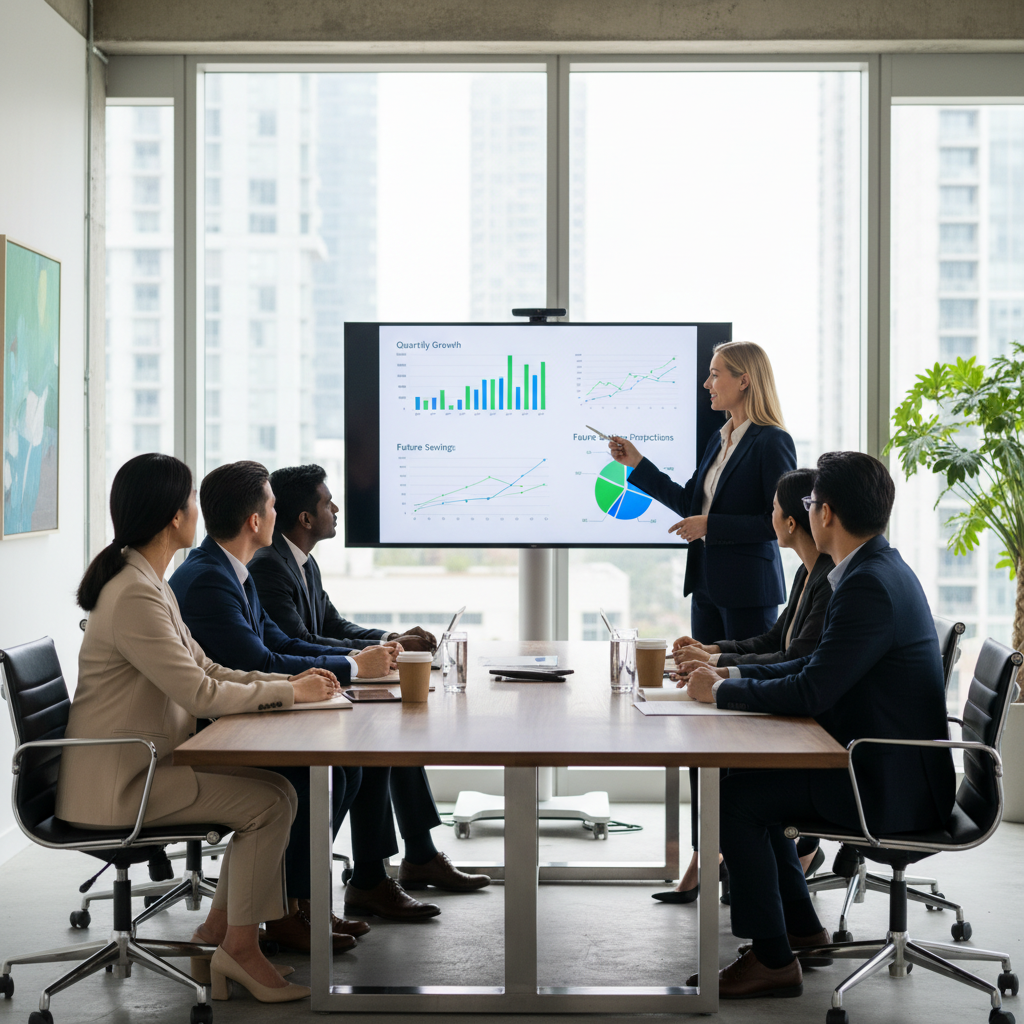 A diverse group of professional expats sitting around a modern conference table in a well-lit office, listening attentively to a friendly financial advisor pointing at a digital display showing financial projections. Photorealistic.