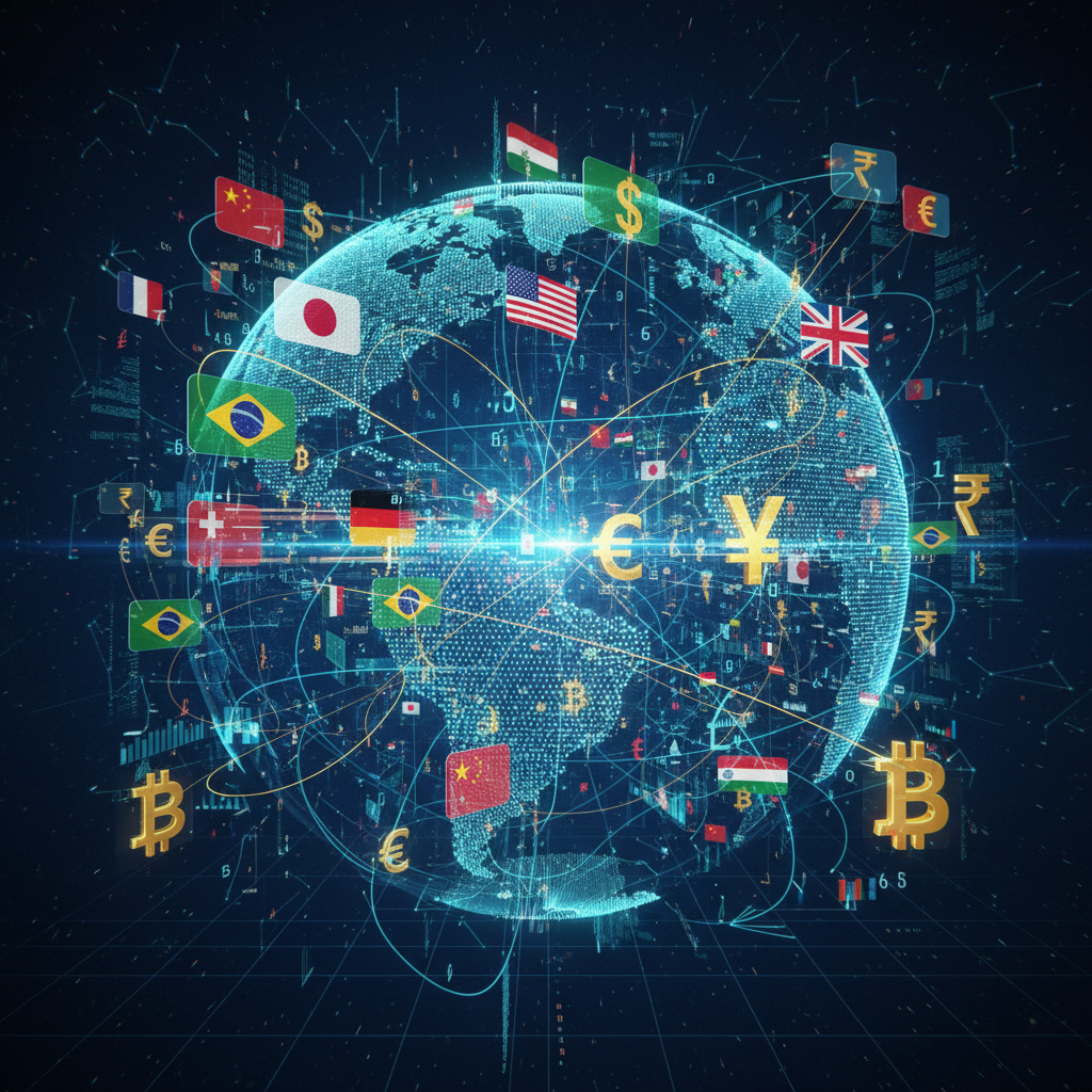 An abstract, detailed visualization of global finance, showing interconnected digital lines and data flowing between different country flags and currency symbols, representing complex cross-border financial planning. High-resolution, digital art.