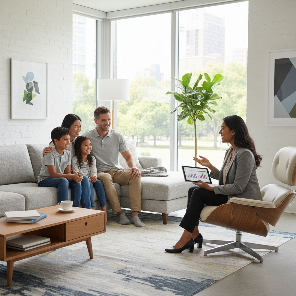 A diverse expat family smiling warmly and looking relaxed, sitting on a couch in a bright, modern living room, having a friendly conversation with a financial advisor who is holding a tablet. Focus on happiness and security. Photorealistic.