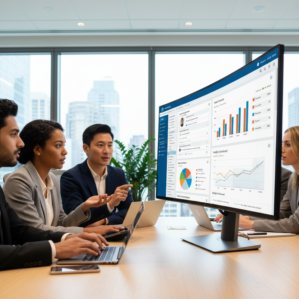 A close-up of a diverse business team using Salesforce CRM interface on a large monitor, showing customer data, sales pipelines, and analytics dashboards, modern office setting, photorealistic.
