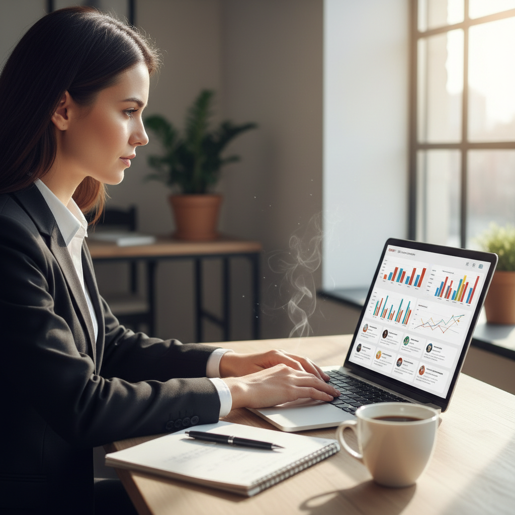 A businesswoman looking confidently at a laptop screen displaying a CRM dashboard with charts, graphs, and customer profiles, an open notebook and coffee on the desk, natural light from a window, photorealistic.