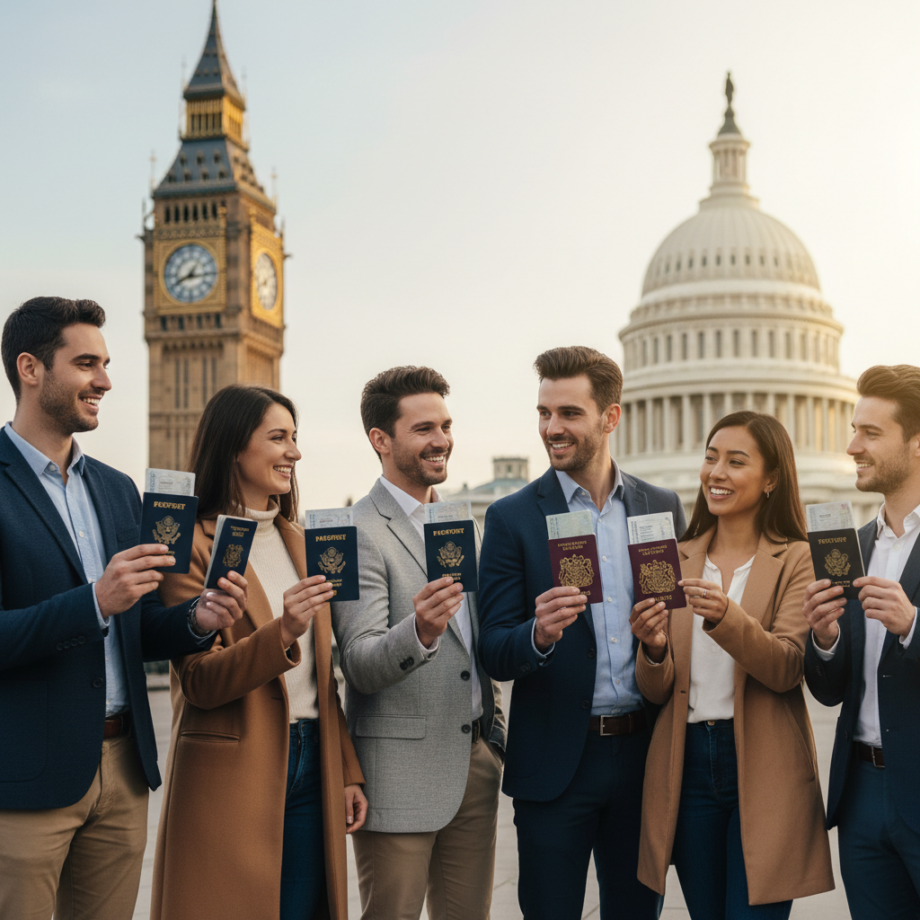 A diverse group of people, some holding US passports and others UK passports, standing together in front of a blurred background of Big Ben and the US Capitol building, symbolizing international living and dual responsibilities. Photorealistic, soft lighting.