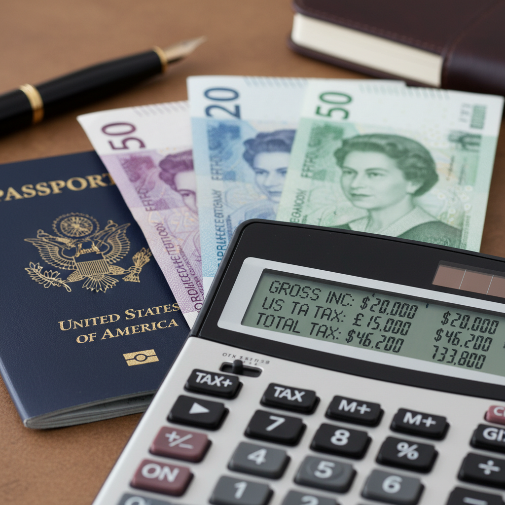 A detailed, clear image of a calculator showing tax calculations, with a US passport and UK banknotes subtly visible in the background, representing financial planning for expats. Realistic, high-resolution.