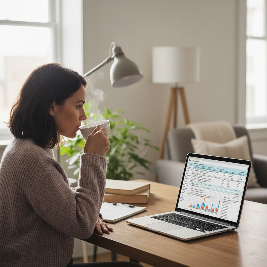 A person casually sipping tea while looking at a laptop screen displaying tax forms and charts, with a comfortable home office setting in the background. The atmosphere is calm and focused, with natural light. Photorealistic.
