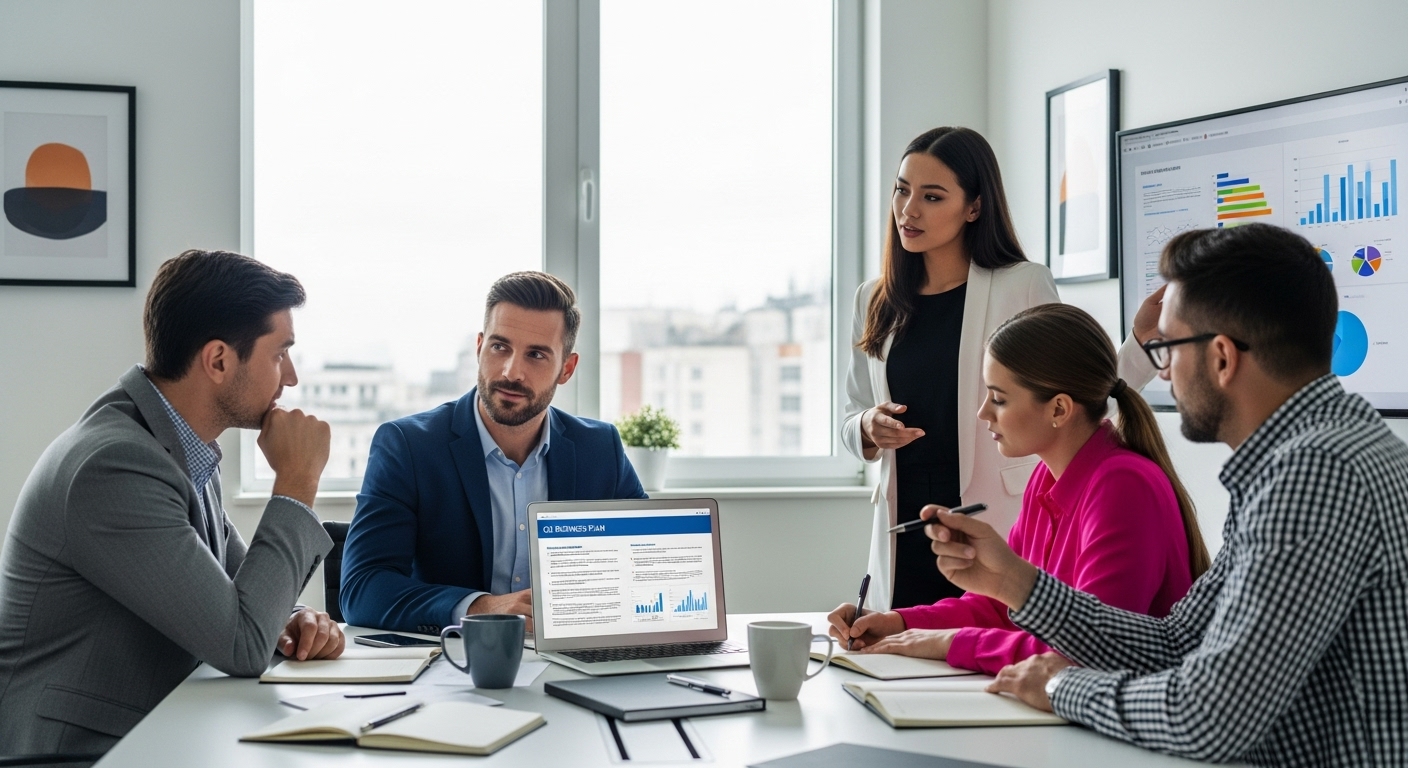 A diverse group of business people, including an expat looking confidently at a laptop, discussing business plans in a modern, bright office, photorealistic, cinematic lighting