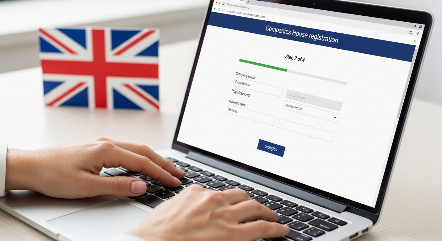 A close-up of hands typing on a laptop, displaying a website form for 'Companies House registration', with a UK flag subtly in the background, clean, modern, high detail, photorealistic