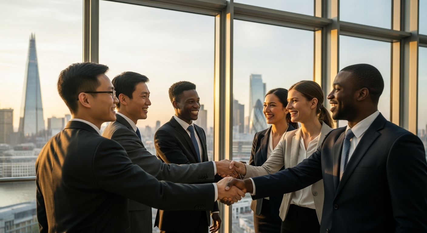 A diverse group of international business people shaking hands in a modern, glass-filled office building with London's skyline in the background, celebrating a successful deal, golden hour lighting, cinematic, photorealistic