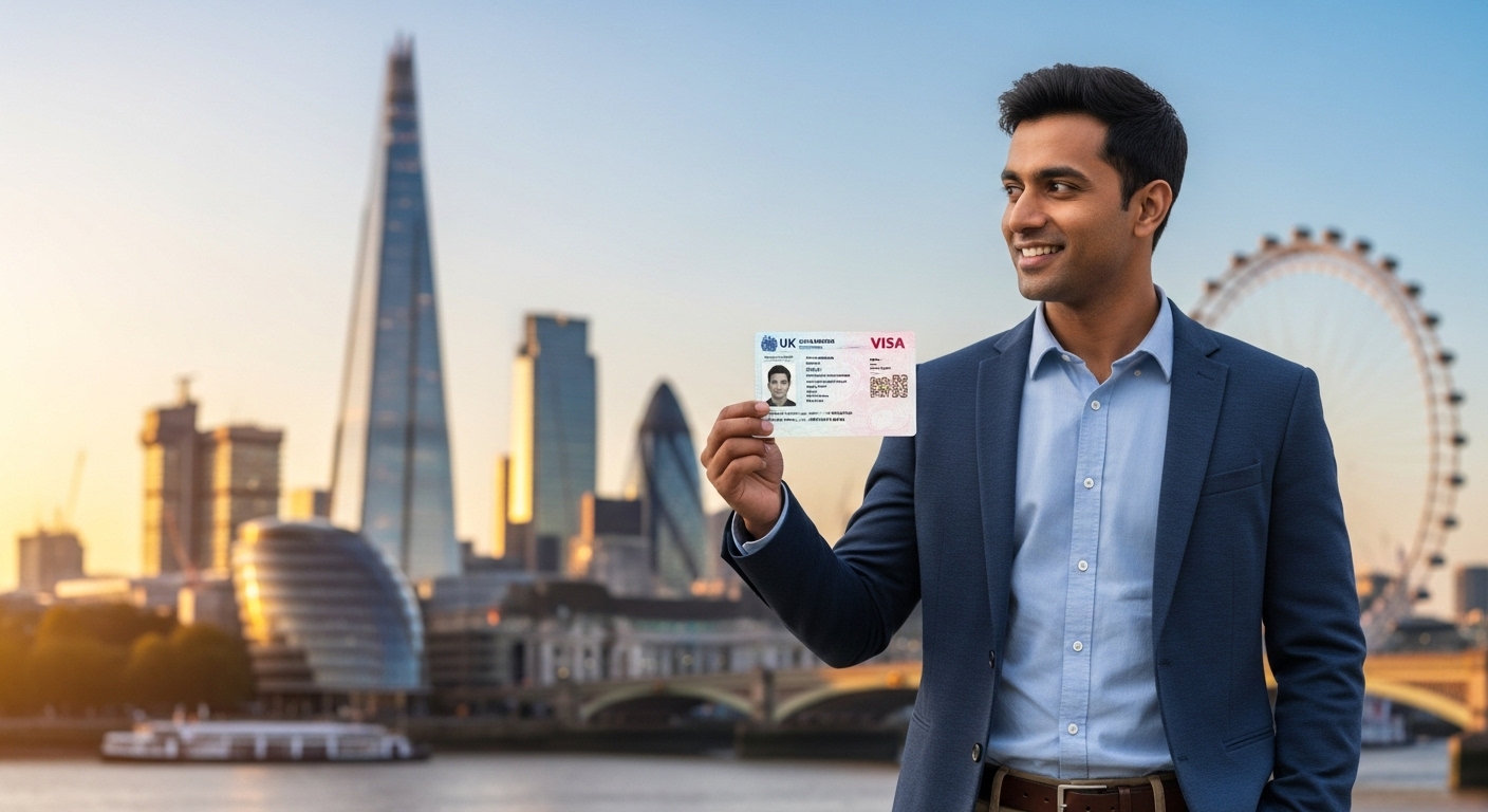 A professional expat holding a UK visa, looking confident in front of the London skyline, blurred background, golden hour, realistic, high detail.