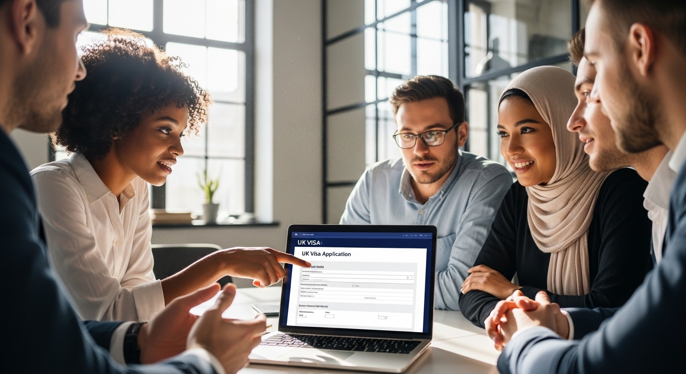Close-up of a diverse group of business people collaborating in a modern, sleek office, a laptop with UK visa application forms open on the screen, natural light, professional, candid.