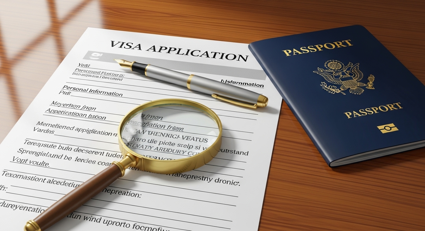 A detailed illustration of a visa application form with a pen, a passport, and a magnifying glass on a wooden desk, focus on accuracy and official documentation, realistic lighting.