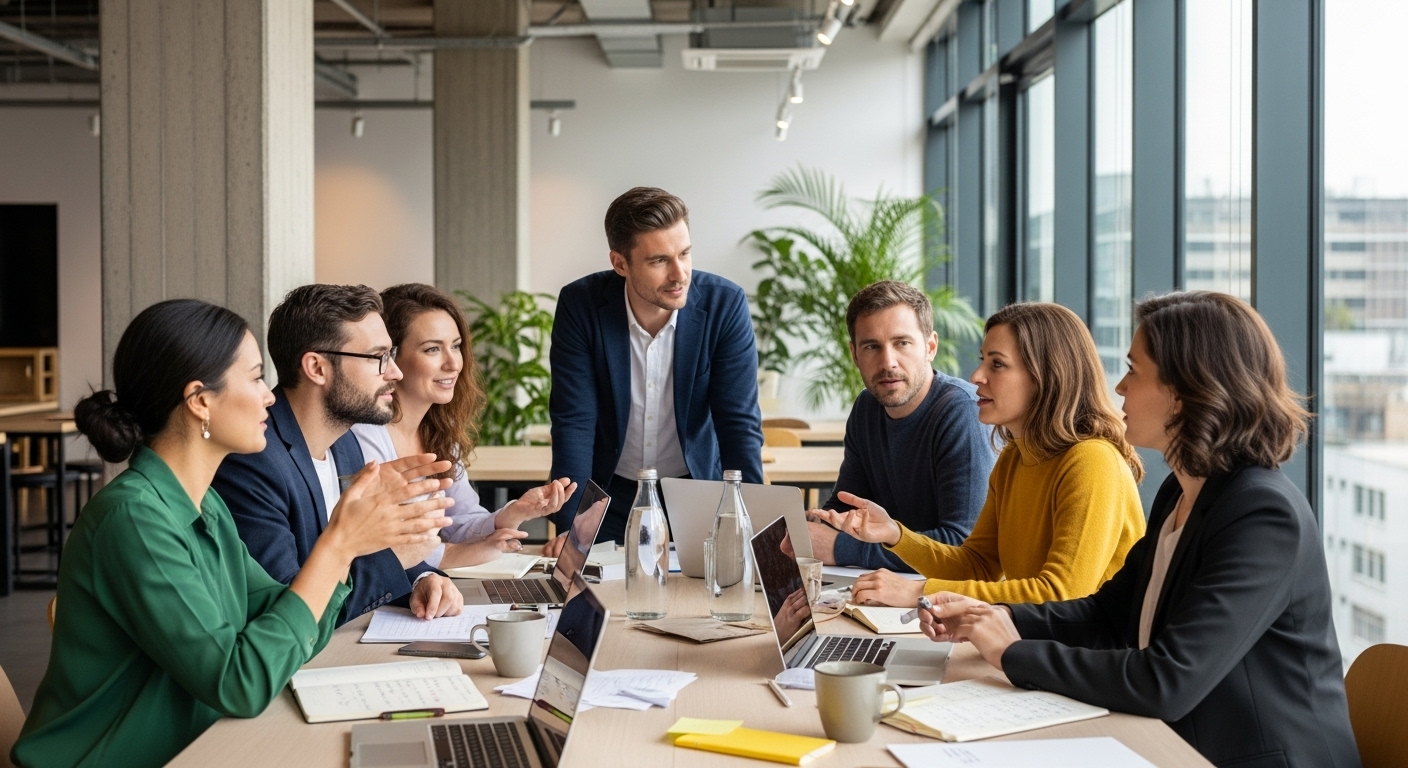 A diverse group of expat business owners, casually dressed, having a discussion in a modern co-working space, with laptops and coffee cups on the table, natural light, photorealistic.
