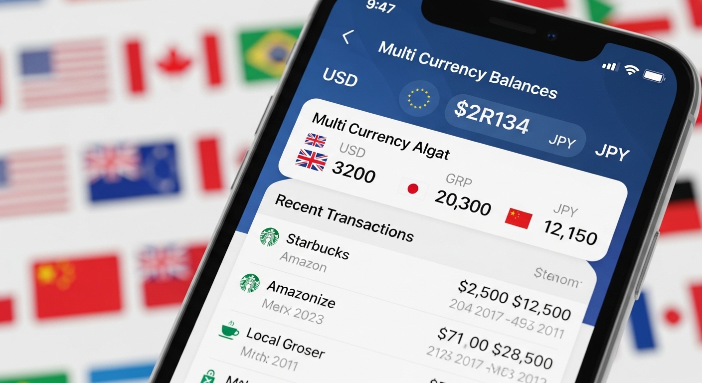 A close-up of a digital banking app interface on a smartphone, showing multi-currency balances and recent transactions, with a blurred background of international flags, vibrant and modern, photorealistic.