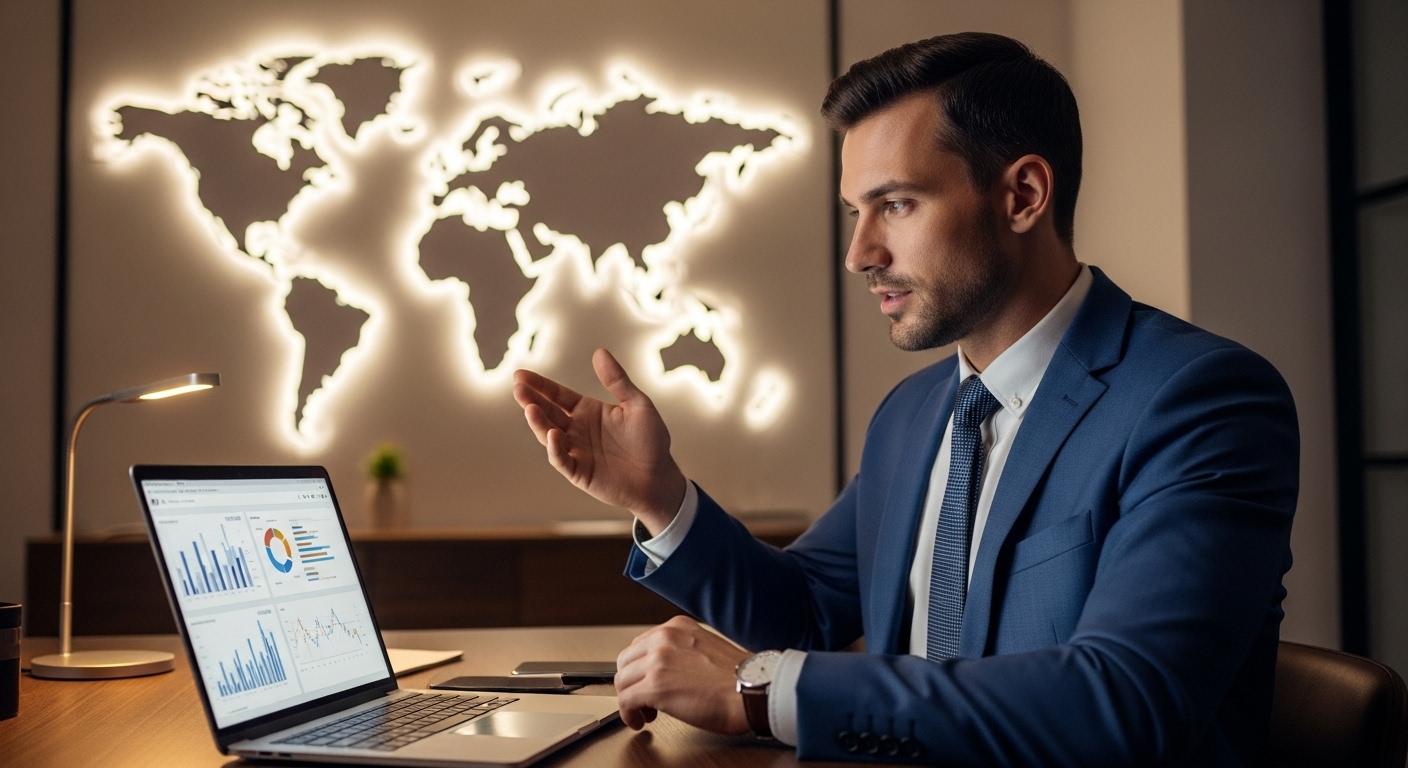 An expat businessman in a stylish suit is making a video call on his laptop, presenting financial data, with a world map visible in the background, a professional and global atmosphere, photorealistic.