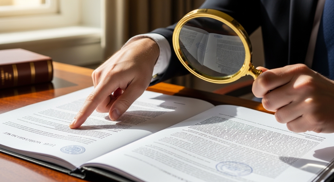 A professional lawyer's hand pointing at complex legal documents related to UK immigration, with a magnifying glass, in a well-lit office. Photorealistic, detailed.
