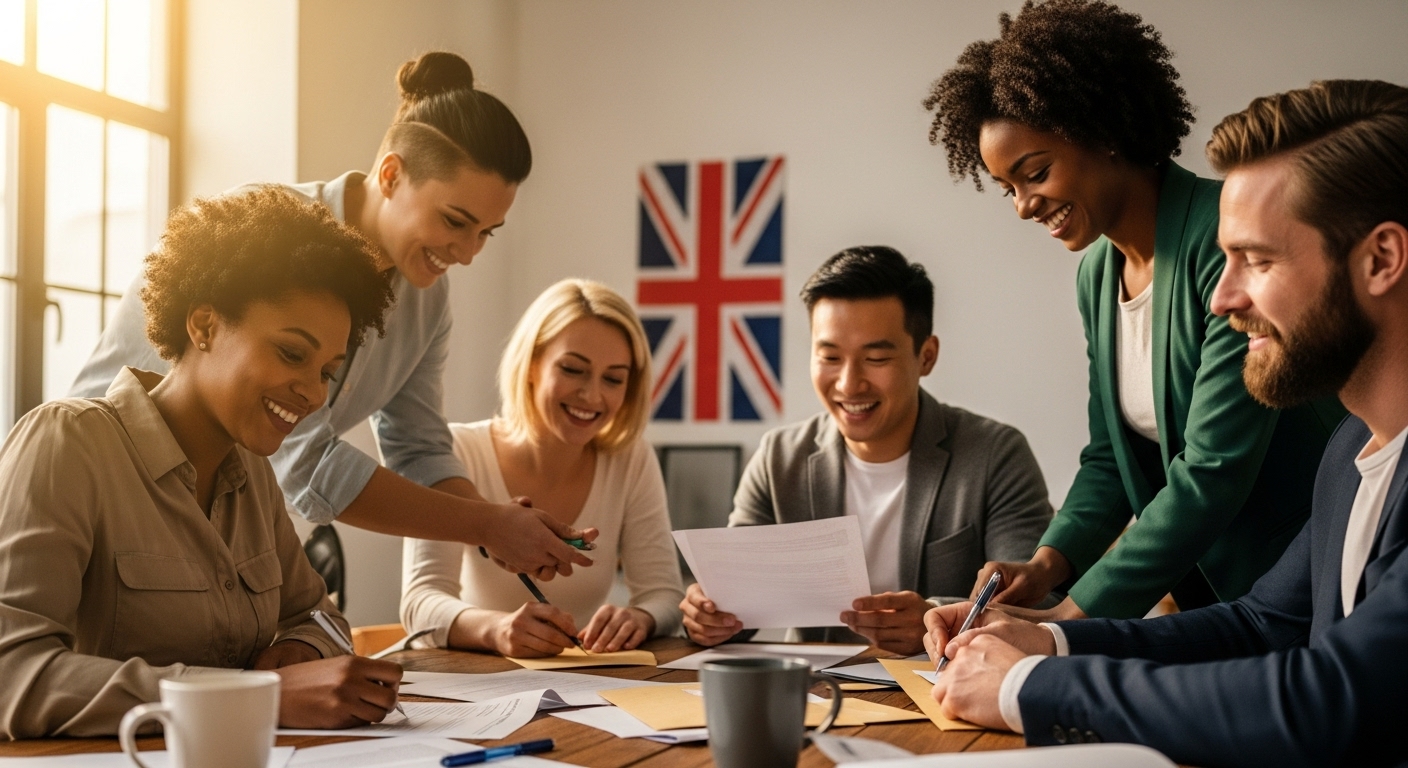 A diverse group of people (expats) happily signing documents, with a subtle British flag in the background, symbolizing successful immigration. Photorealistic, warm lighting.