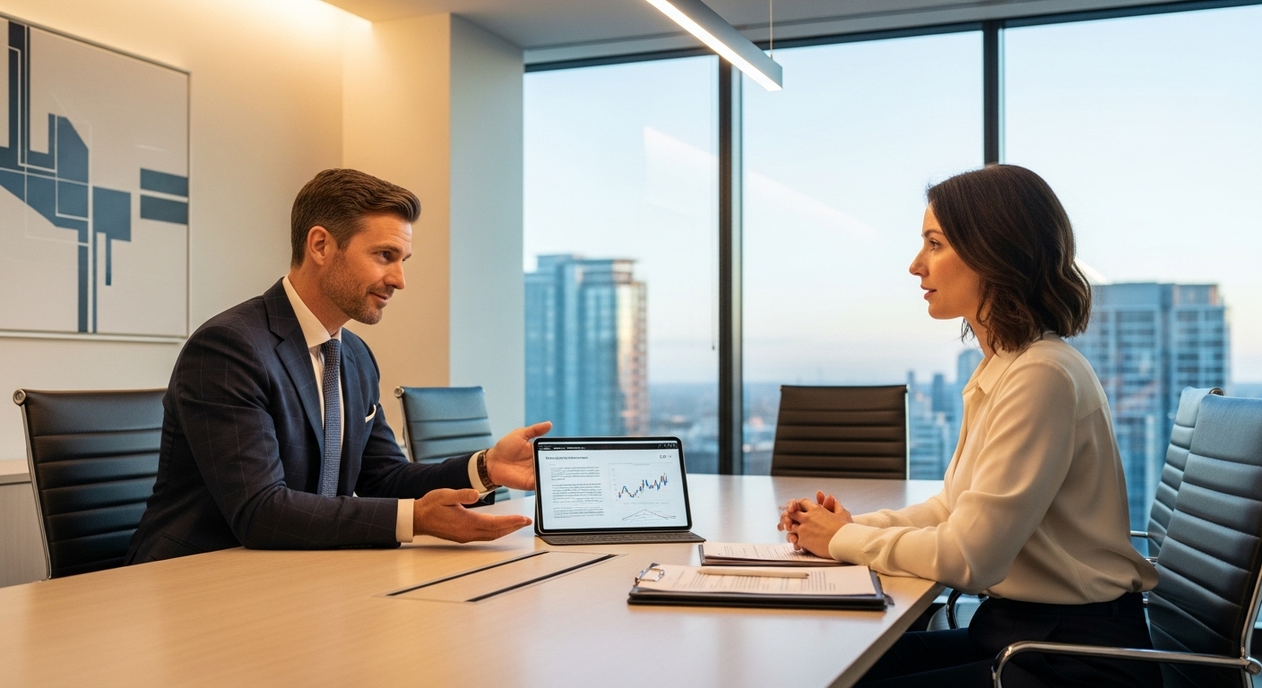 A modern office setting with a lawyer consulting a client, showcasing clear communication and professionalism. Bright, clean, professional.