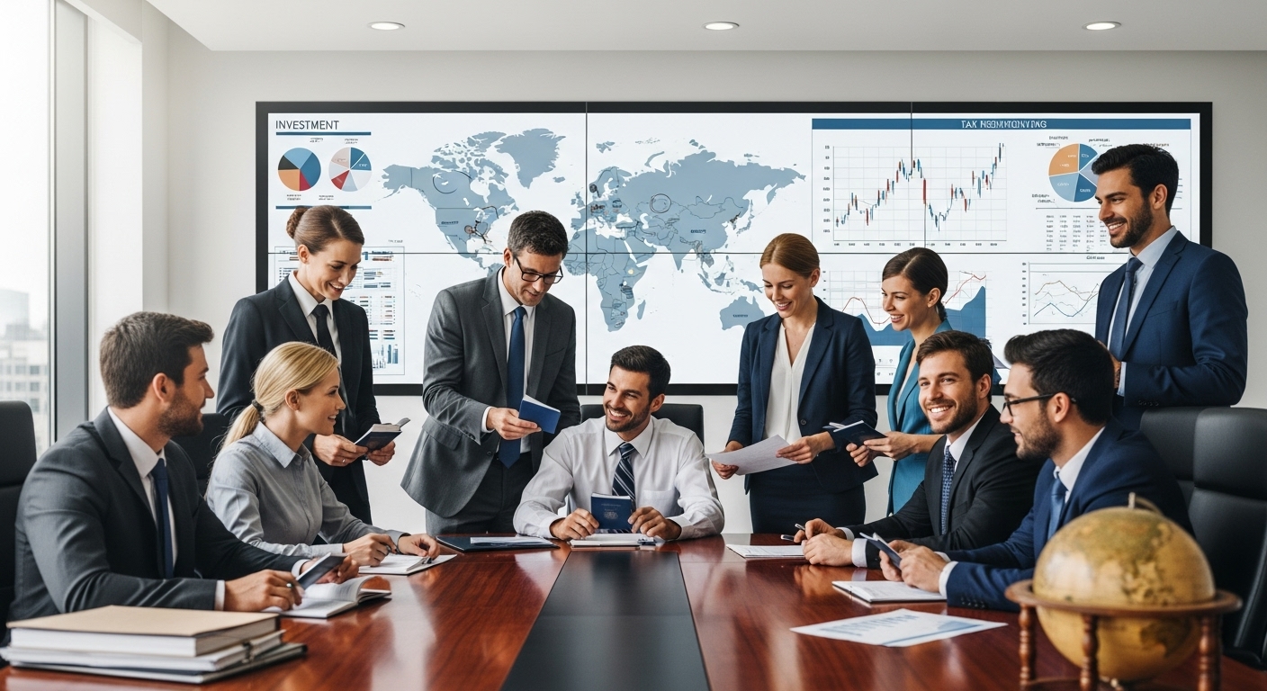 A diverse group of professional individuals from different countries, some holding passports, engaged in a serious yet hopeful discussion around a large table, with maps and financial charts in the background, symbolizing expat financial planning. Realistic, highly detailed, bright lighting.