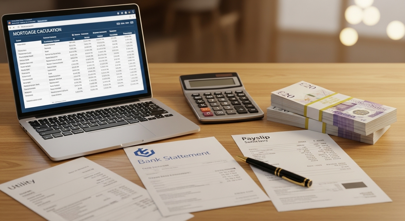 A professional, clean desk with a laptop displaying a mortgage calculation interface, a calculator, a stack of neatly arranged British pound banknotes, and various financial documents like bank statements and payslips. Photorealistic, shallow depth of field, warm office lighting.