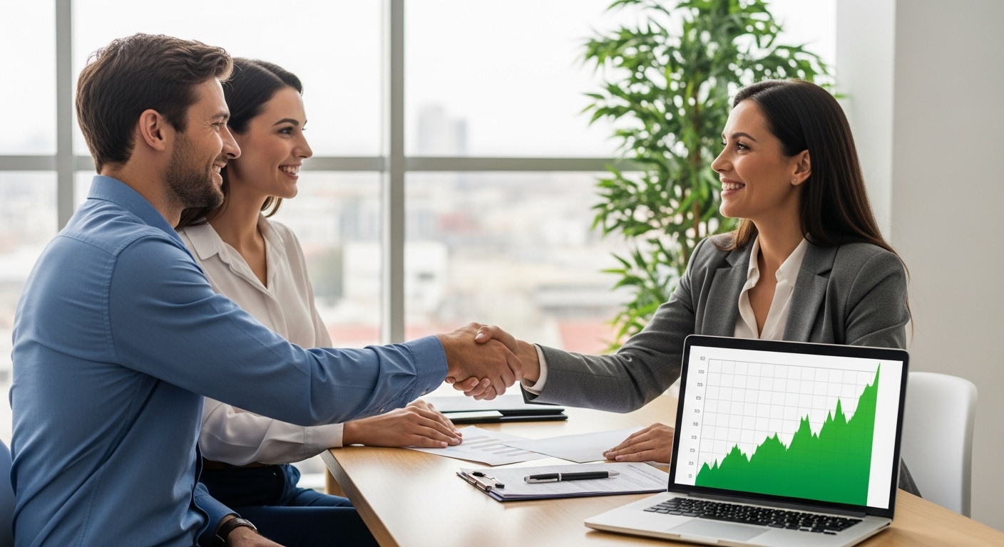 A happy expat couple shaking hands with a friendly, professional financial advisor in a bright, modern office. A laptop on the desk shows a graph indicating financial growth, symbolizing successful mortgage approval. Realistic, clean aesthetic, natural light.