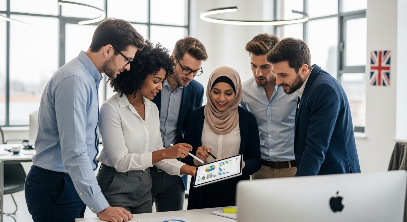 A diverse group of people, appearing professional and focused, looking at a digital tablet with charts and graphs, in a bright, modern office setting with a subtle UK flag in the background, photorealistic