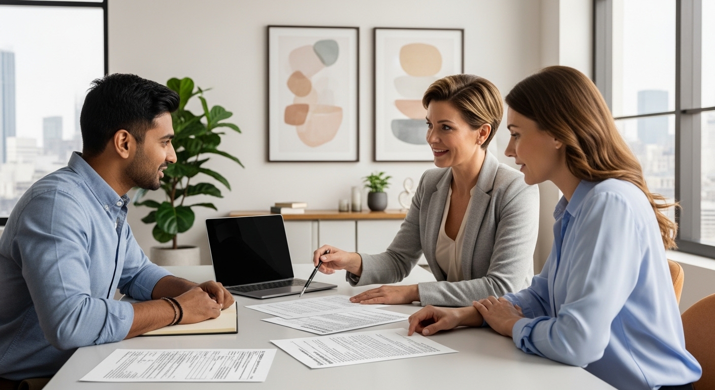 A financial advisor, a well-dressed woman in her 40s, explaining complex tax documents to a diverse expat couple in a modern, comfortable office, all looking engaged and relaxed, natural light, photorealistic
