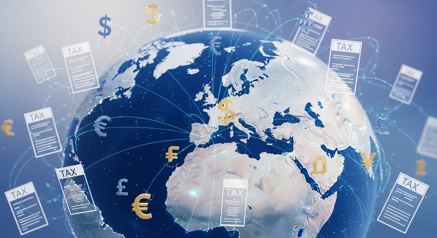 A stylized globe with dotted lines connecting the UK to various international countries, overlaid with abstract representations of tax forms and currency symbols, symbolizing international tax agreements and financial planning, vibrant and clear, photorealistic