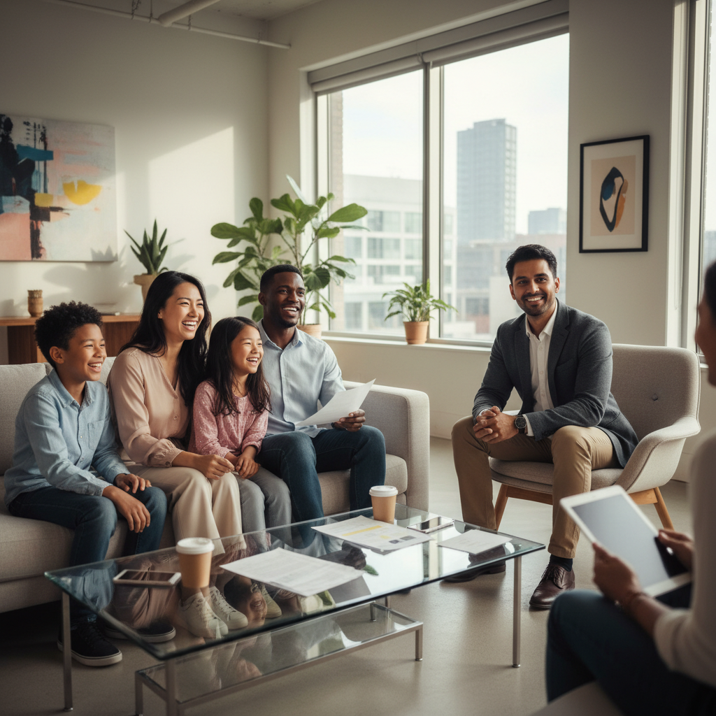 A diverse group of expat individuals (a family, a single professional) looking relaxed and happy, perhaps receiving advice from an unseen professional, in a bright, contemporary setting, demonstrating relief and clarity, photorealistic.