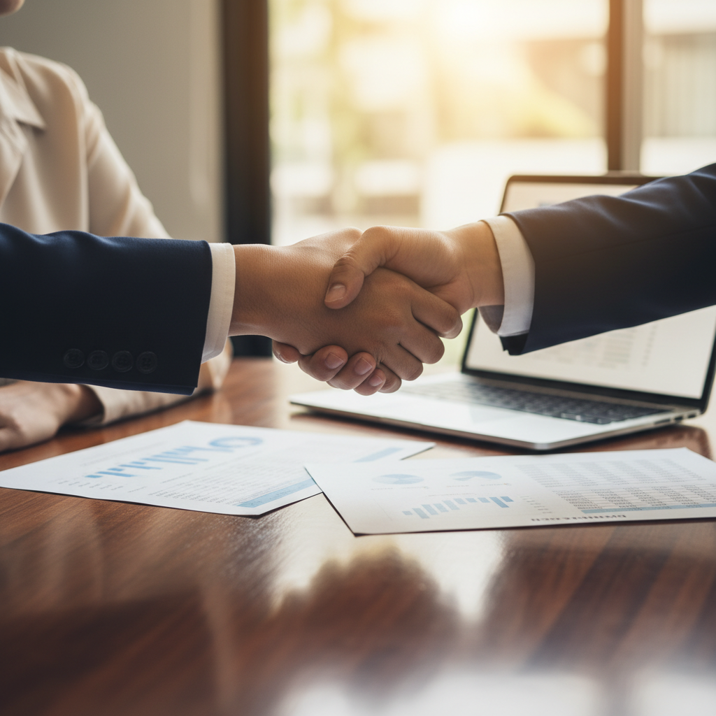 A close-up of hands shaking across a desk, with blurred financial documents and a laptop in the background, conveying trust and a successful professional agreement, soft lighting, photorealistic.