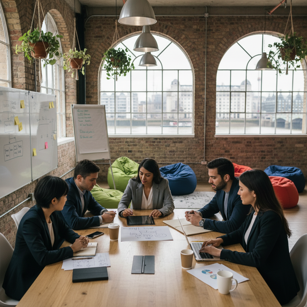 A diverse group of expat entrepreneurs confidently discussing business plans in a modern, brightly lit co-working space in London, UK, realistic, photorealistic, 8k, cinematic lighting.
