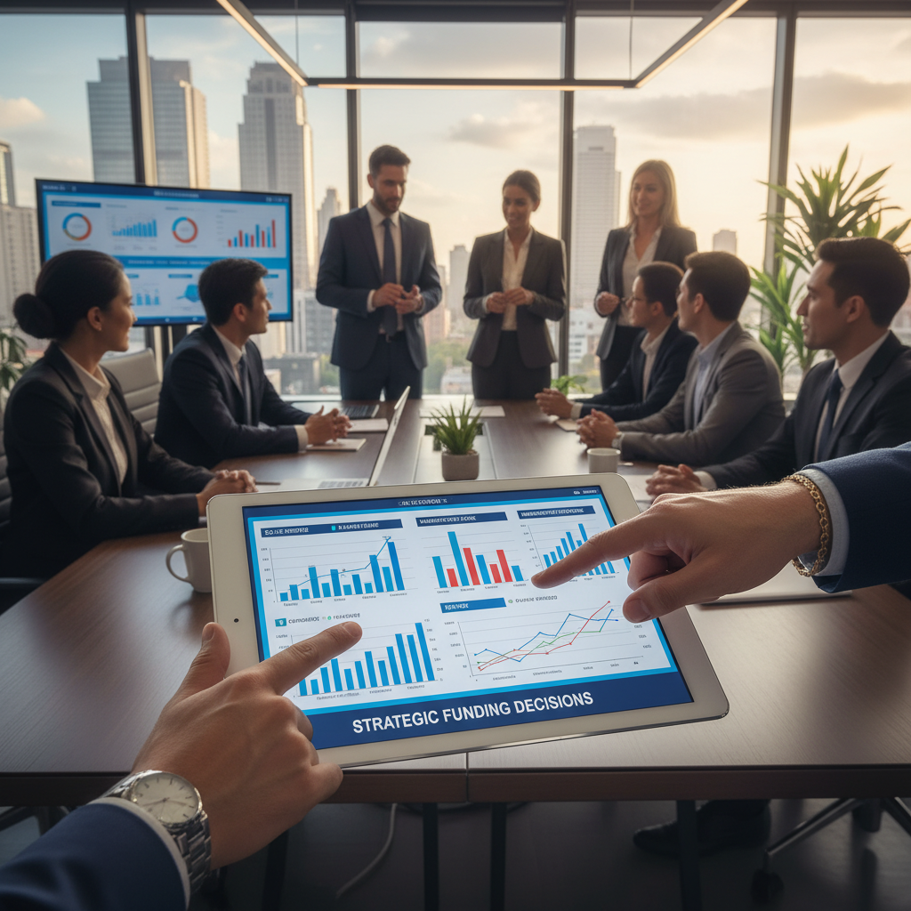 A close-up, photorealistic shot of hands pointing at data on a digital tablet, displaying financial graphs and charts, surrounded by diverse business professionals in a modern office, representing strategic funding decisions.