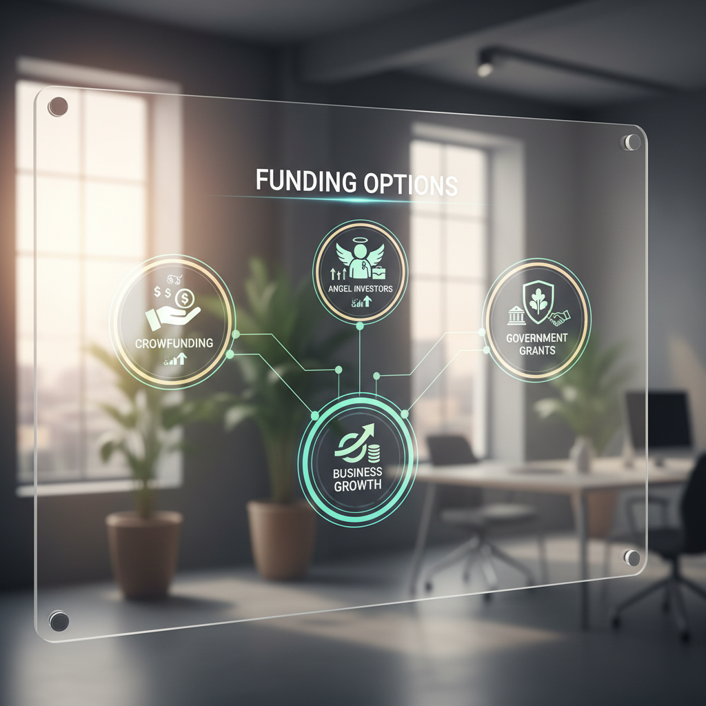 A modern financial infographic displaying interconnected funding options like crowdfunding, angel investors, and government grants, with small icons representing money and growth, against a soft, blurred background, photorealistic.