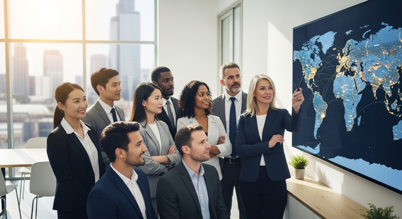 A diverse group of business professionals in a modern, light-filled UK office, looking confidently at a world map on a digital screen, symbolizing global expansion and opportunities. Photorealistic, wide shot.