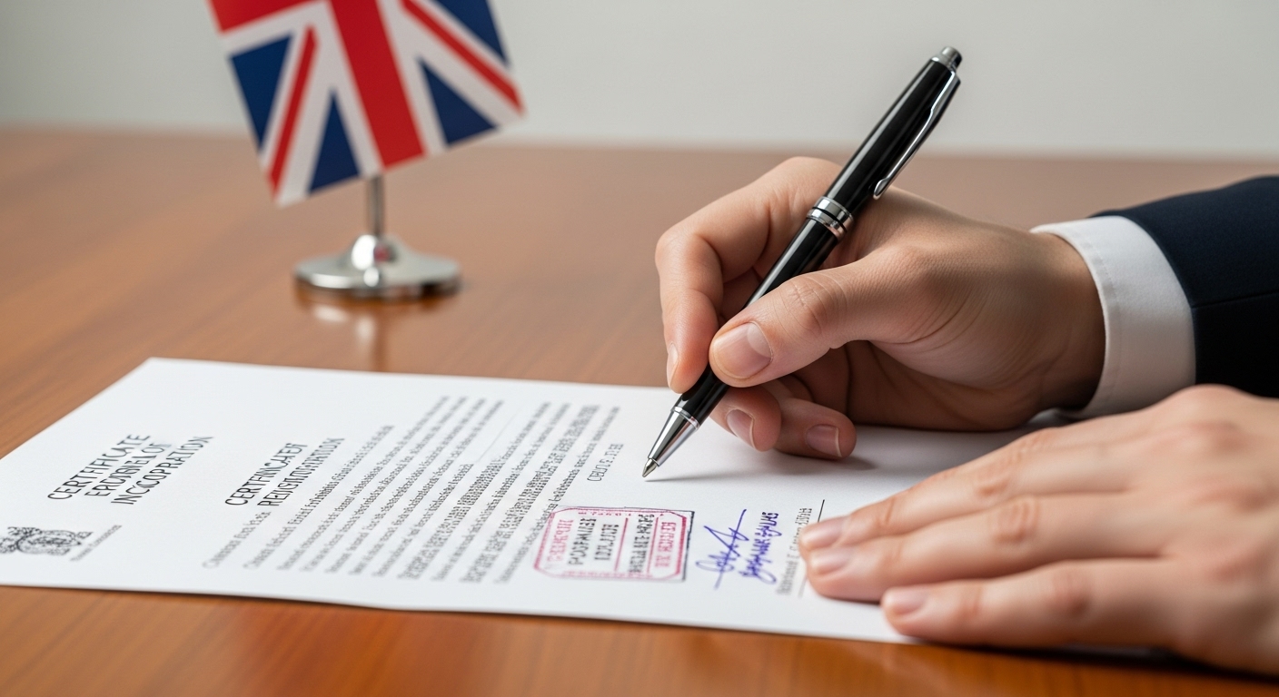 A detailed close-up of hands signing legal documents with a UK flag subtly in the background, signifying official company registration. Focus on crisp document details and a professional pen. Photorealistic.