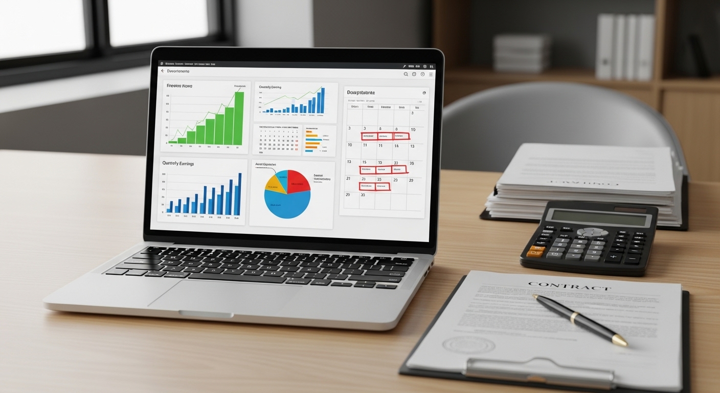 A modern office desk with a laptop displaying financial charts and a calendar highlighting deadlines, alongside a calculator and legal documents. Represents financial planning and compliance. Photorealistic, soft lighting.