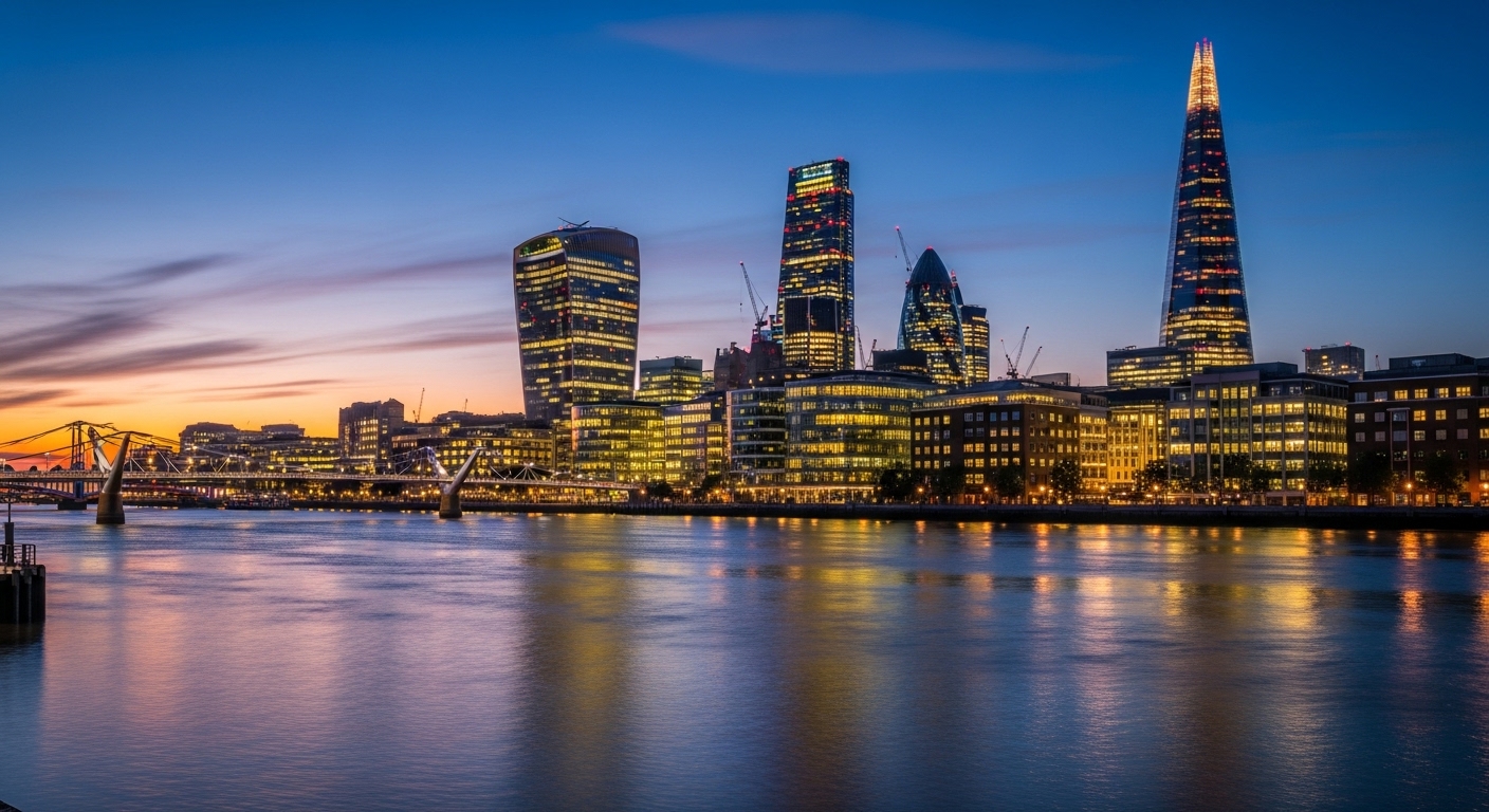 A wide-angle, photorealistic shot of the London financial district skyline at dusk, with modern skyscrapers illuminated against a colorful sky, reflecting in the River Thames. Focus on the iconic Gherkin and Shard buildings.