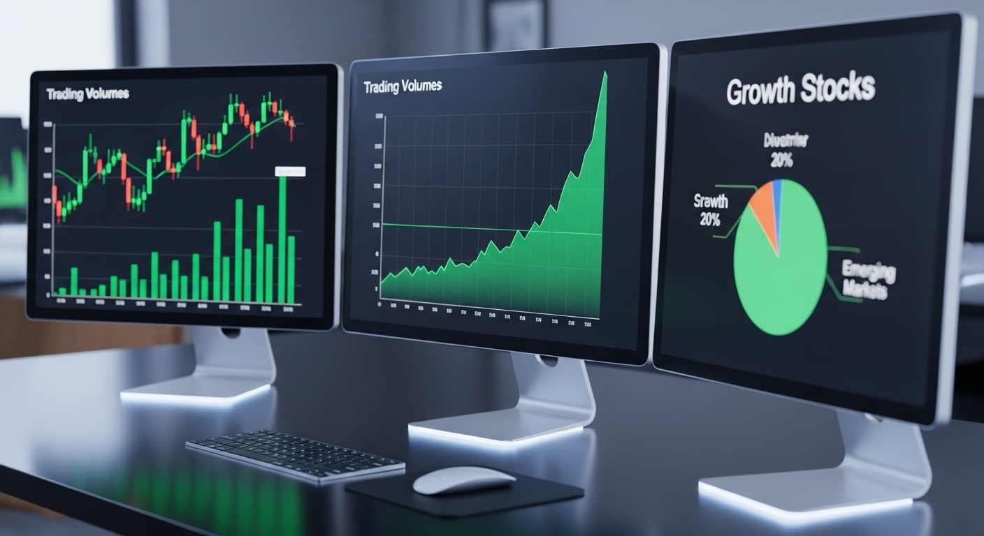 A photorealistic, close-up shot of a diverse portfolio of financial charts and graphs displayed on multiple computer screens in a modern office, symbolizing market analysis and investment strategy. The screens show positive trends.