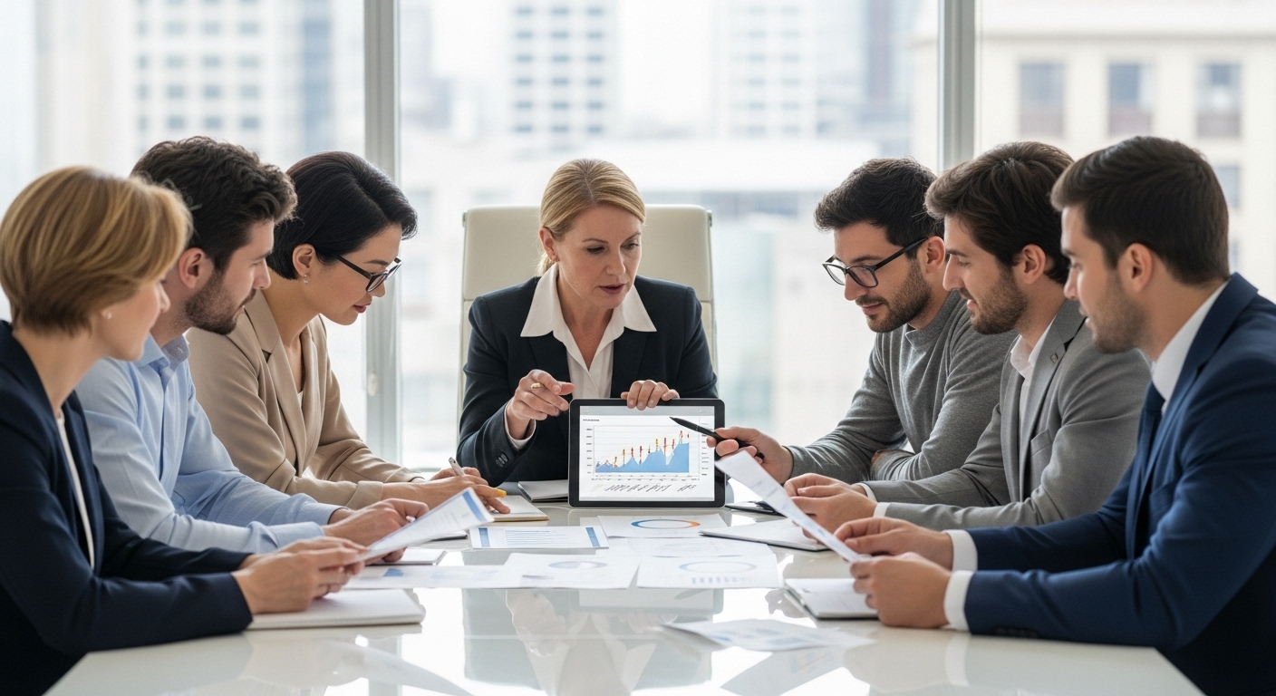 A diverse group of people (male, female, various ethnicities) sitting around a modern conference table, engaged in a discussion with a professional financial advisor. They are looking at charts and documents, and the advisor is pointing to a tablet screen. The setting is bright and professional.