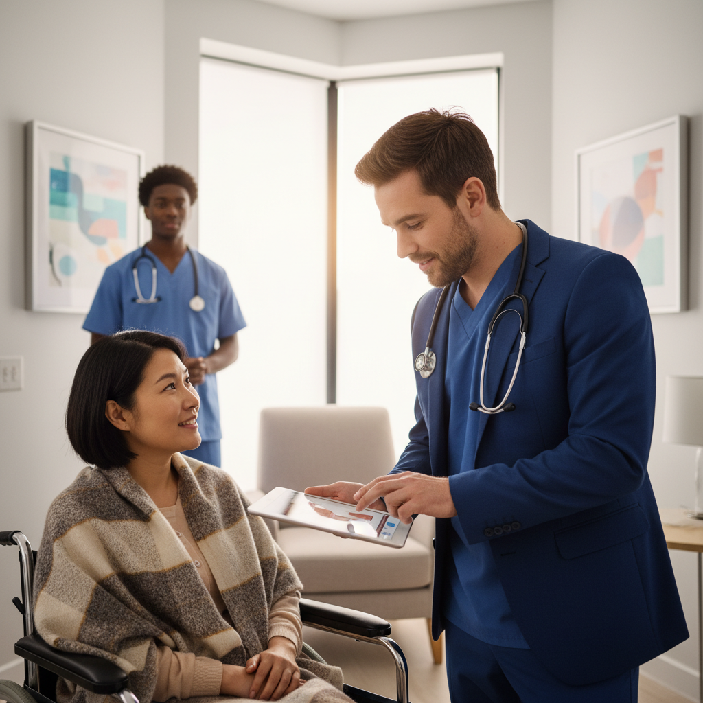 A professional looking British doctor in a modern, clean hospital setting, consulting with a diverse patient, soft lighting, focus on care and professionalism, photorealistic.