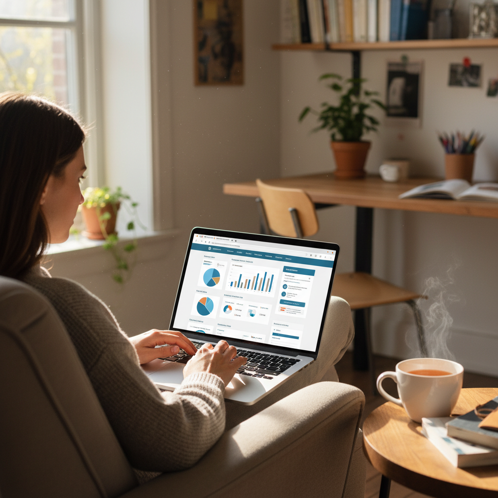 A person sitting comfortably at a laptop, researching health insurance options, with various charts and policy documents subtly visible on the screen, a cup of tea nearby, natural light, home office setting, photorealistic.