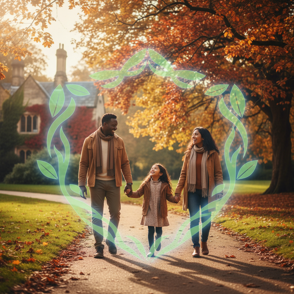 A diverse family (parents and a child) walking cheerfully in a green park in the UK, feeling secure and happy, with a subtle overlay representing health and protection, warm lighting, vibrant autumn colors, photorealistic.
