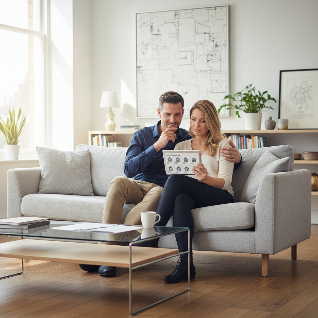 A professional couple, a man and a woman in their 30s, are looking at a tablet displaying UK property listings, with a focused yet relaxed expression in a modern, well-lit living room, photorealistic.