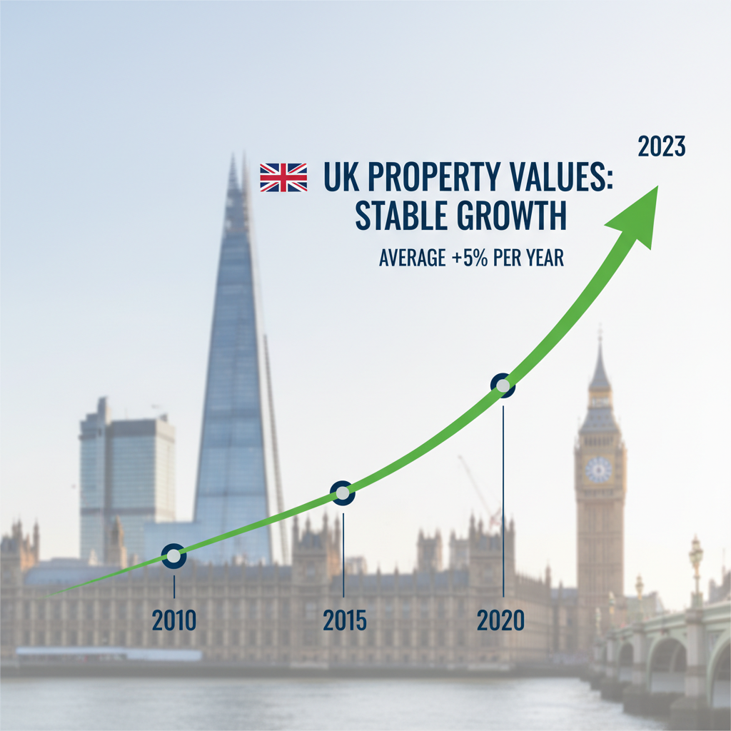 A stylized infographic showing a rising line graph illustrating stable property value growth in the UK over time, with iconic London landmarks in the background, photorealistic and clean design.