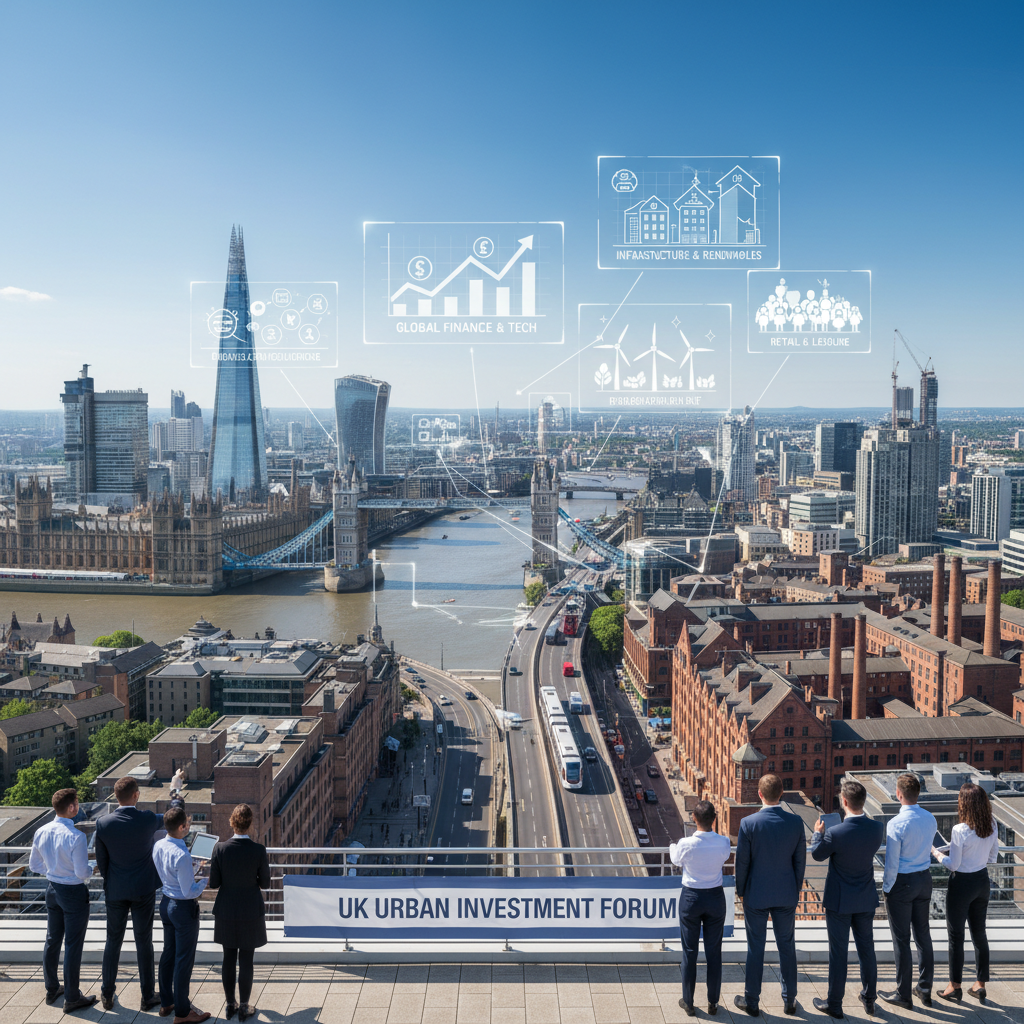 A vibrant, photorealistic cityscape showcasing a blend of modern high-rise buildings and historic architecture from both London and a major regional UK city like Manchester, under a clear sky, illustrating diverse investment opportunities.